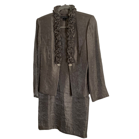 Jessica Howard Womens 10P Petite Two-Piece Brown Dress Jacket Set Taupe Shinny - Picture 1 of 16